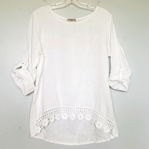 Terzo Millenio Tops - Terzo Millennio white roll tab crochet linen shirt